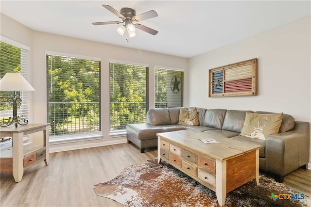 living room with ceiling fan and light hardwood / wood-style flooring