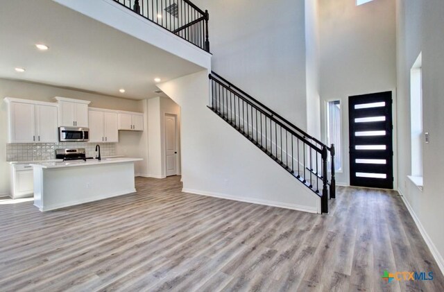 1236 Tuscan Vw, New Braunfels, TX 78130 - kitchen featuring appliances with stainless steel finishes, backsplash, light countertops, baseboards, and a center island with sink
