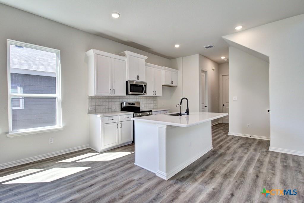 1236 Tuscan Vw, New Braunfels, TX 78130 - kitchen featuring appliances with stainless steel finishes, plenty of natural light, light countertops, open floor plan, and recessed lighting