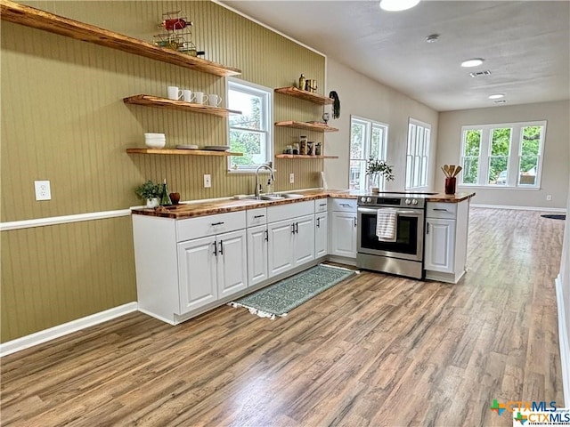 kitchen with kitchen peninsula, stainless steel range with electric stovetop, sink, white cabinetry, and light wood-type flooring