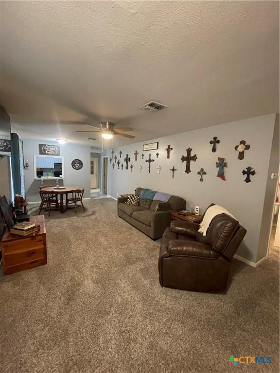 110 Idylwood Pl, Victoria, TX 77901 - living room with carpet, a textured ceiling, ceiling fan, and baseboards