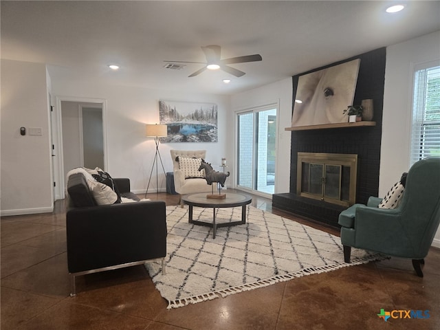 2302 Brooklawn Dr, Temple, TX 76502 - living area featuring ceiling fan, a fireplace, and recessed lighting