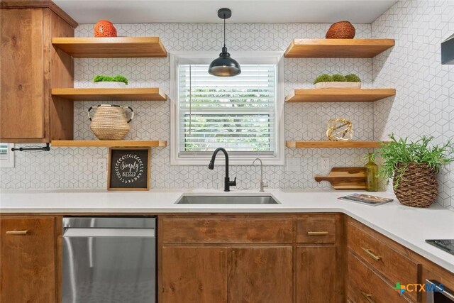 2302 Brooklawn Dr, Temple, TX 76502 - kitchen featuring open shelves, stainless steel dishwasher, and tasteful backsplash