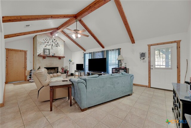 living room featuring a stone fireplace, high vaulted ceiling, beamed ceiling, and ceiling fan