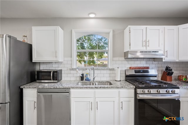 kitchen featuring tasteful backsplash, white cabinets, sink, and stainless steel appliances