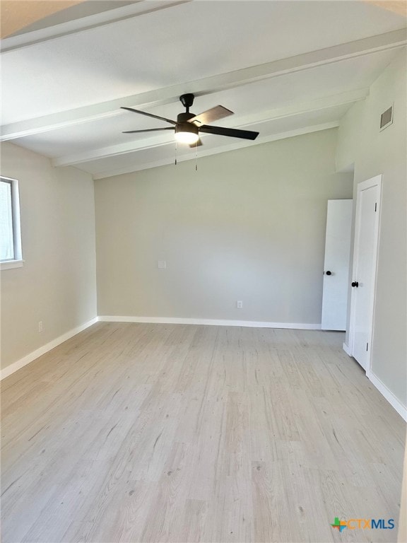 unfurnished room with beam ceiling, ceiling fan, and light hardwood / wood-style floors