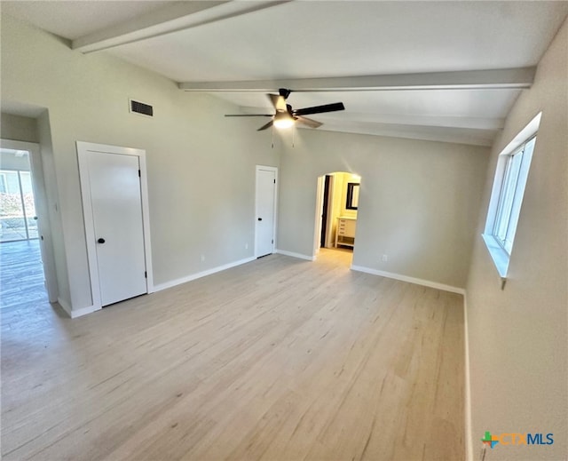 spare room with lofted ceiling with beams, ceiling fan, and light hardwood / wood-style flooring