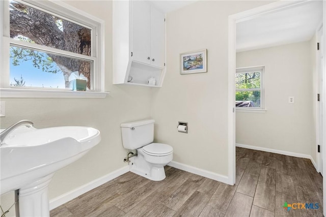 bathroom with wood-type flooring, sink, and toilet