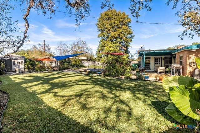 view of yard with a patio and a storage unit