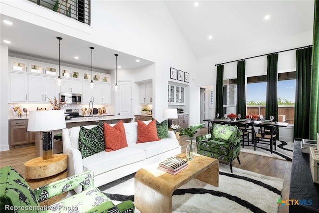 living room with hardwood / wood-style flooring and high vaulted ceiling