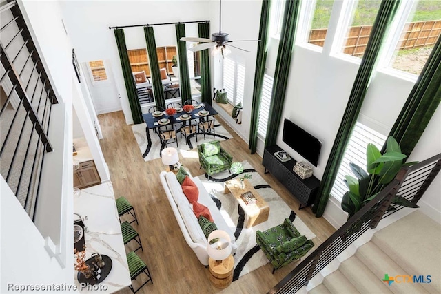 living room with light wood-type flooring and ceiling fan