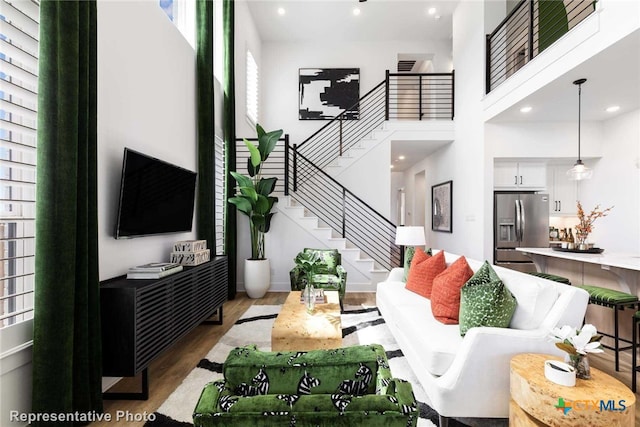 living room featuring a towering ceiling and hardwood / wood-style flooring