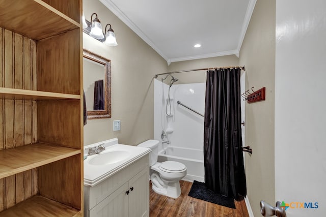 full bathroom with wood-type flooring, toilet, vanity, crown molding, and shower / tub combo with curtain