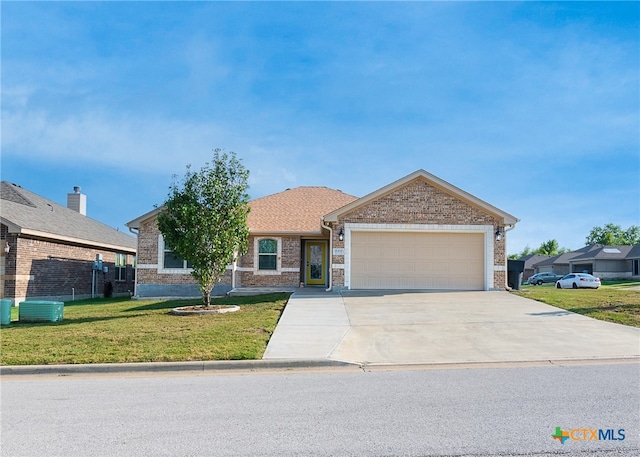 view of front of home with a front lawn, a garage, and cooling unit