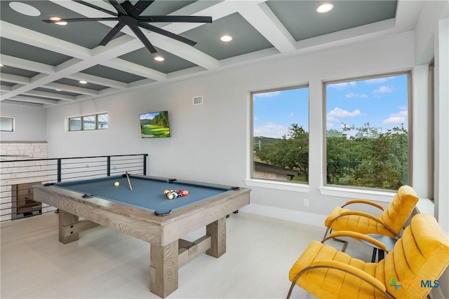 playroom featuring coffered ceiling, visible vents, and beamed ceiling