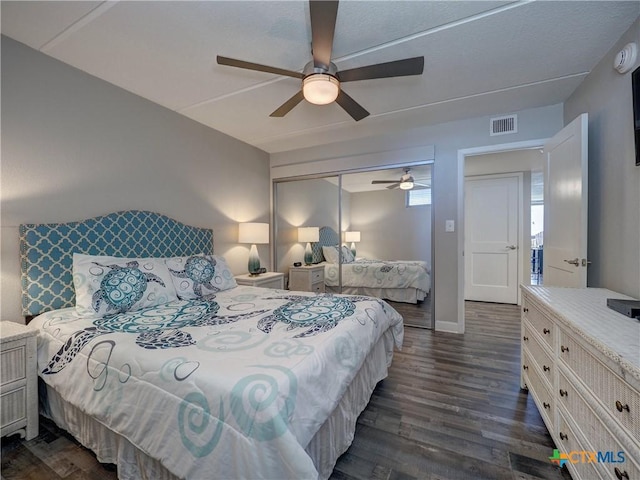 6021 State Highway 361 Unit 108, Port Aransas, TX 78373 - bedroom with dark wood-style flooring, a closet, and a ceiling fan