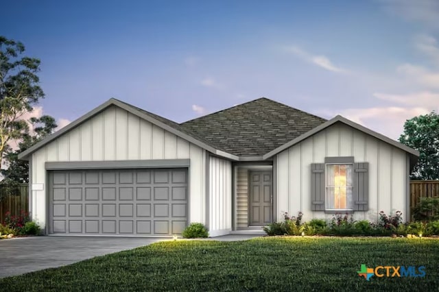 2803 Dimmit Dr, Temple, TX 76501 - view of front of home featuring an attached garage, board and batten siding, a front lawn, driveway, and roof with shingles