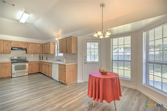 204 James Loop, Killeen, TX 76542 - kitchen with stainless steel electric range oven, dishwasher, under cabinet range hood, a chandelier, and light countertops