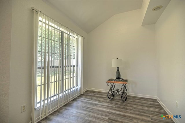 204 James Loop, Killeen, TX 76542 - empty room with healthy amount of natural light, vaulted ceiling, wood finished floors, and baseboards