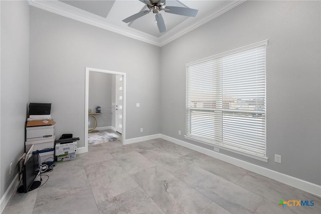 interior space with crown molding and ceiling fan