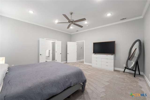 bedroom with ornamental molding, light carpet, and ceiling fan