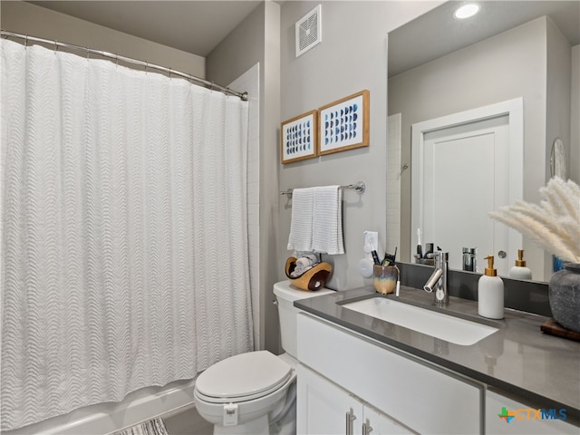 full bathroom with toilet, shower / bath combo, and vanity