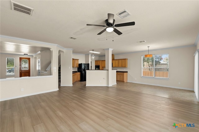 213 Springtree Pkwy, Cibolo, TX 78108 - unfurnished living room featuring a ceiling fan, light wood-style flooring, and ornamental molding