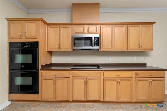 213 Springtree Pkwy, Cibolo, TX 78108 - kitchen featuring black appliances, crown molding, and dark countertops