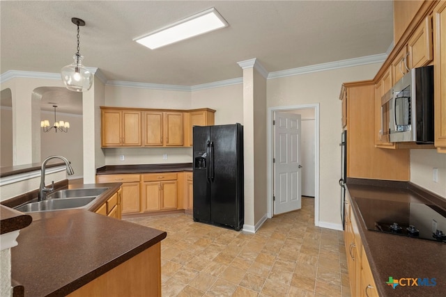 213 Springtree Pkwy, Cibolo, TX 78108 - kitchen featuring black appliances, dark countertops, crown molding, pendant lighting, and a chandelier