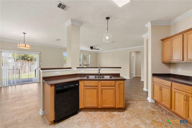 213 Springtree Pkwy, Cibolo, TX 78108 - kitchen with black dishwasher, dark countertops, arched walkways, ornamental molding, and ceiling fan