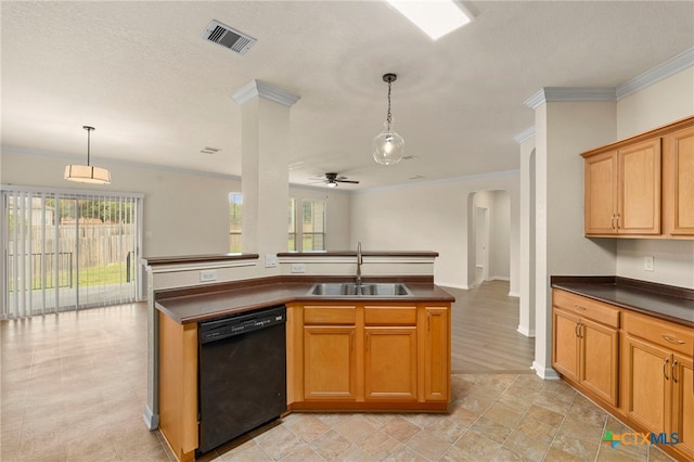 213 Springtree Pkwy, Cibolo, TX 78108 - kitchen featuring dishwasher, dark countertops, crown molding, arched walkways, and decorative light fixtures