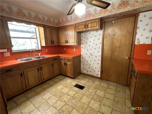 kitchen featuring a textured ceiling, sink, and ceiling fan