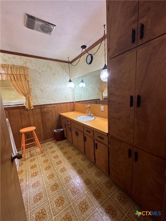 bathroom with wooden walls, vanity, a textured ceiling, and crown molding