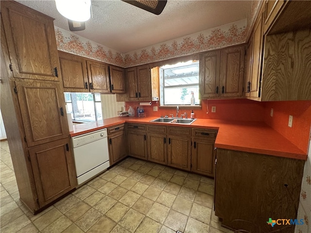 kitchen with dishwasher, a textured ceiling, sink, and ceiling fan