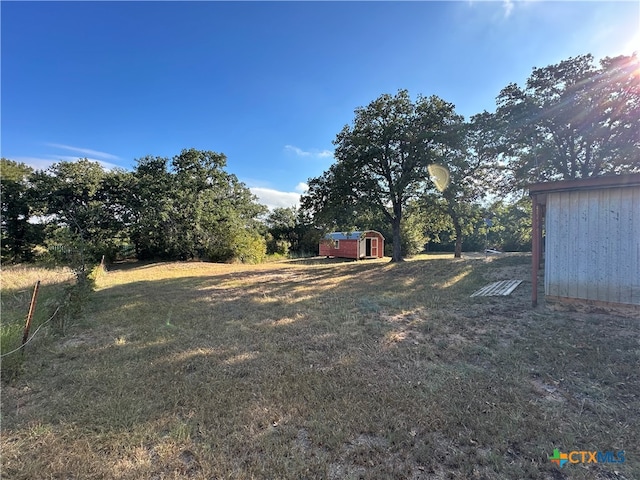 view of yard featuring a storage shed