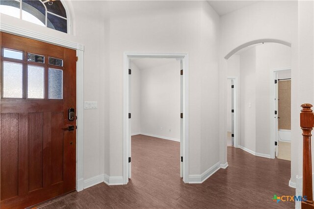foyer entrance featuring baseboards, wood finished floors, and arched walkways