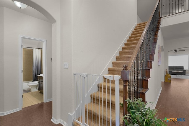 staircase featuring hardwood / wood-style flooring and ceiling fan