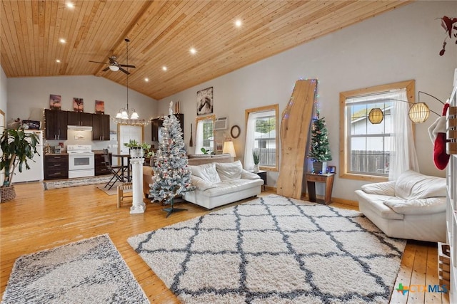 living room featuring ceiling fan with notable chandelier, light hardwood / wood-style floors, high vaulted ceiling, and wood ceiling