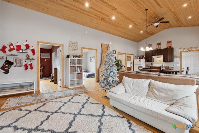 living room with a wall mounted air conditioner, high vaulted ceiling, ceiling fan with notable chandelier, light hardwood / wood-style flooring, and wood ceiling