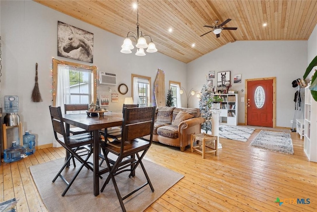 dining space featuring ceiling fan with notable chandelier, light hardwood / wood-style floors, wooden ceiling, and a wealth of natural light