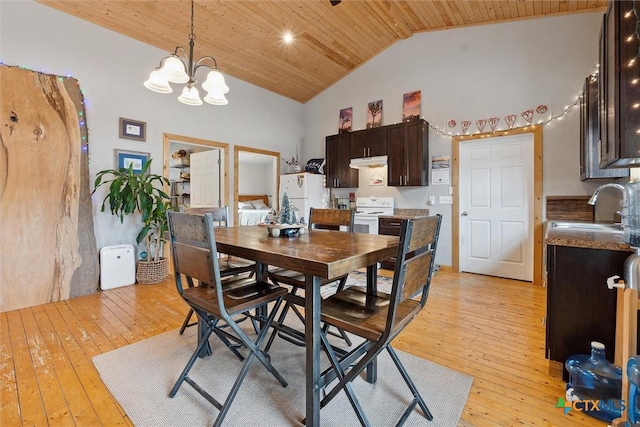 dining space featuring wood ceiling, sink, high vaulted ceiling, light hardwood / wood-style flooring, and a notable chandelier