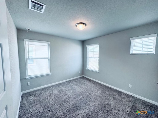 unfurnished room featuring a healthy amount of sunlight, a textured ceiling, and carpet flooring