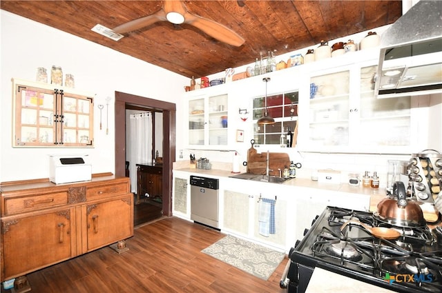 kitchen featuring a sink, dishwasher, wooden ceiling, black gas range oven, and dark wood-type flooring