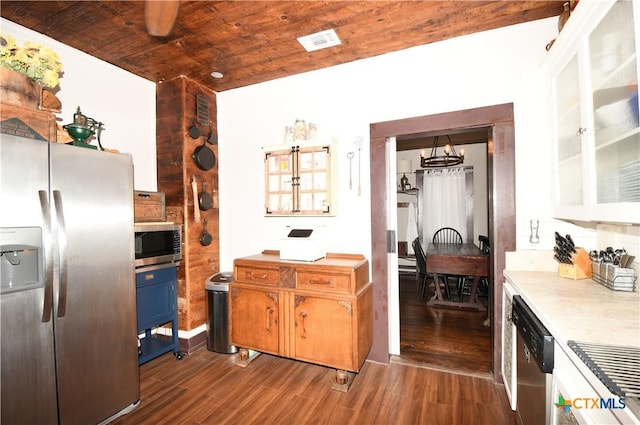 kitchen featuring stainless steel appliances, wooden ceiling, dark wood-type flooring, blue cabinets, and light countertops