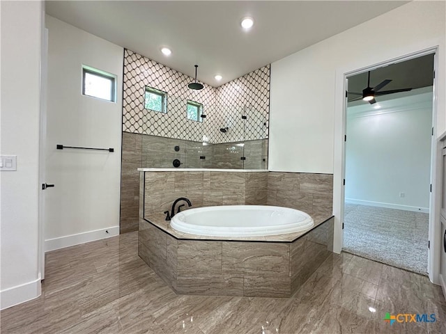 425 Dos Rios Dr, Belton, TX 76513 - bathroom with a garden tub, walk in shower, baseboards, recessed lighting, and a ceiling fan