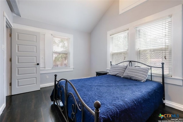 bedroom with dark hardwood / wood-style floors, multiple windows, and lofted ceiling