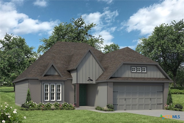 view of front of home featuring driveway, a front lawn, board and batten siding, an attached garage, and brick siding