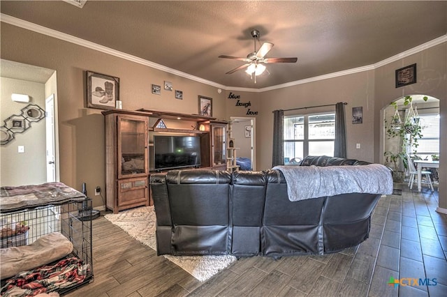 living room featuring ceiling fan, dark hardwood / wood-style flooring, ornamental molding, and a textured ceiling