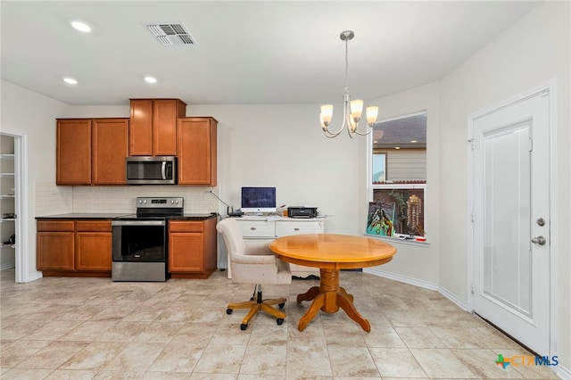 kitchen with stainless steel appliances, backsplash, light tile patterned floors, pendant lighting, and an inviting chandelier