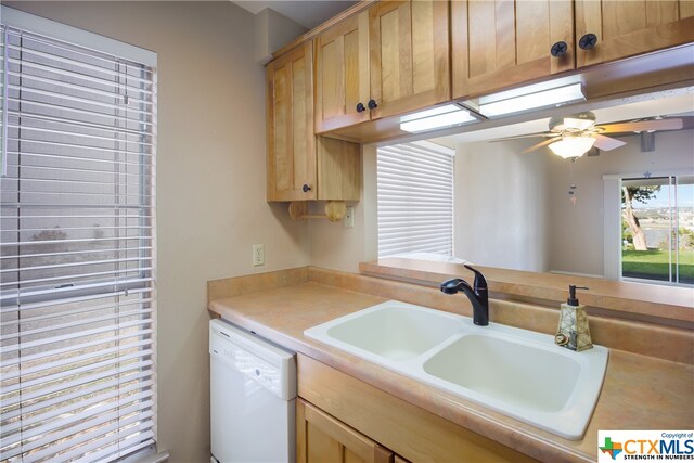 kitchen featuring white dishwasher, ceiling fan, and sink